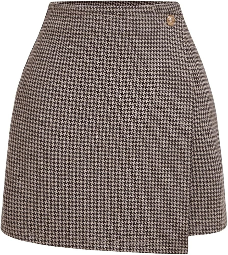 Floerns Women's Houndstooth Print Tie Front Skorts Asymmetrical Hem High Waist Skirt Shorts | Amazon (US)