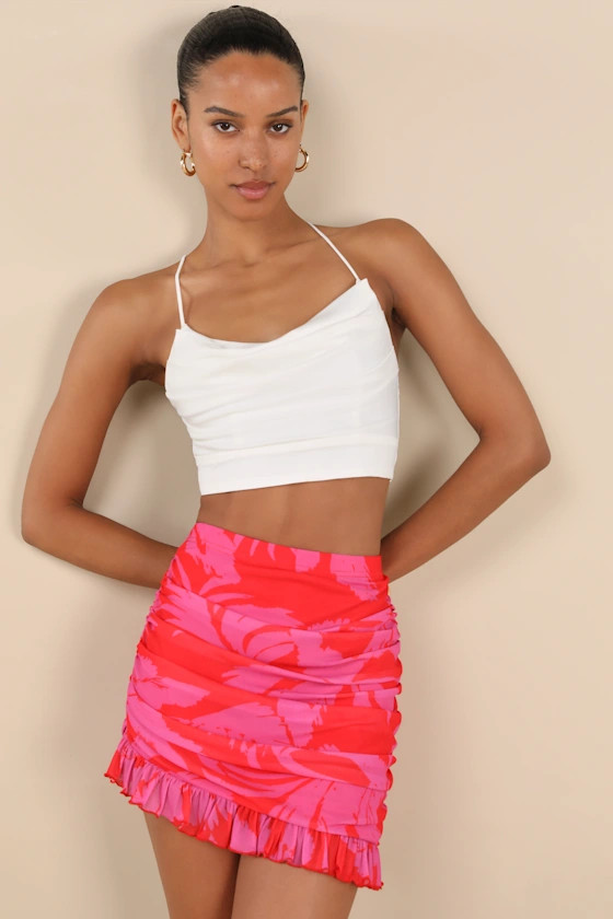 Mideia Pink Floral Mesh Ruched Ruffled Mini Skirt | Lulus