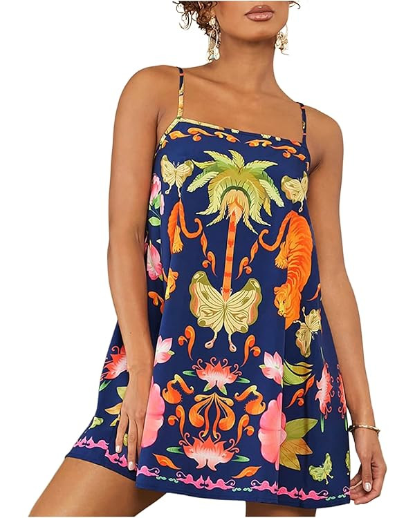 Floerns Women's Tropical Sleeveless Cami Dress Loose Holiday A Line Mini Dresses | Amazon (US)