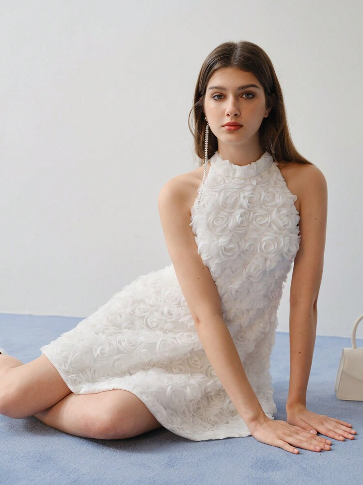 MOTF STUDIO MESH FLORAL APPLIQUED HALTERNECK DRESS,VALENTINE'S DAY OUTFIT,SPRING/SUMMER | SHEIN