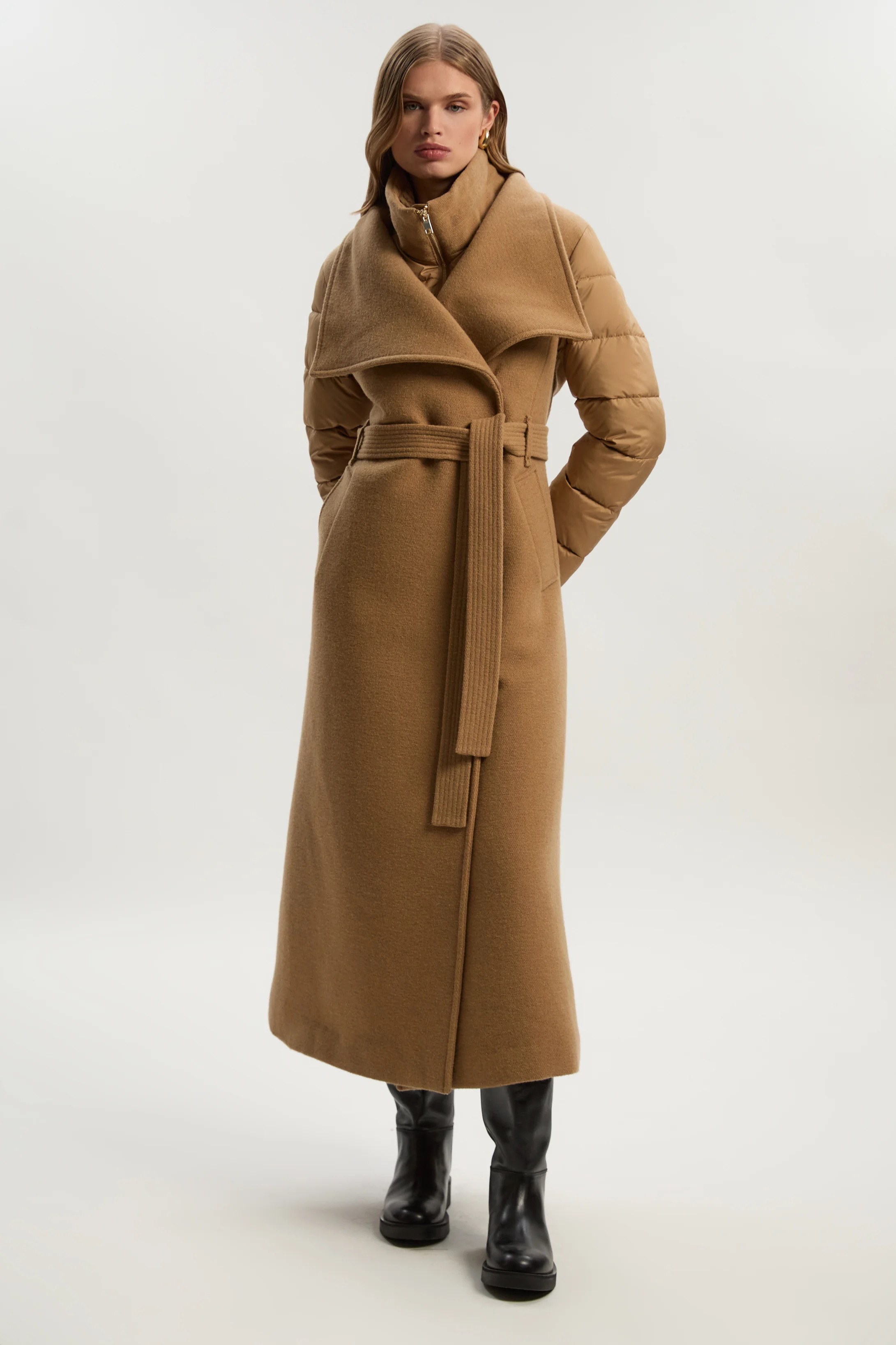 Wool Blend Hybrid Puffer Belted Midi Coat | Karen Millen US