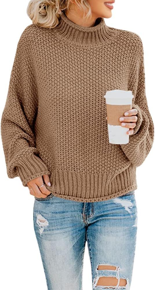 Sweaters for Women Turtleneck Oversized Batwing Long Sleeve Sweaters Chunky Cable Knit Pullover J... | Amazon (US)