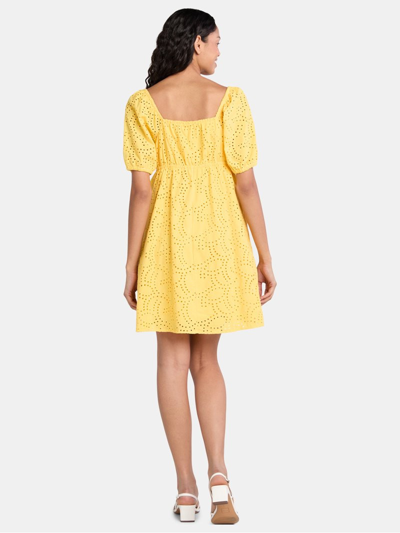 Time and Tru Women's and Women's Plus Eyelet Mini Dress with Puff Sleeves, Sizes XS-4X | Walmart (US)