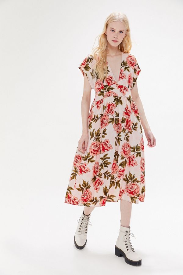Urban Renewal Remnants Floral Rayon Deep V Midi Dress | Urban Outfitters (US and RoW)