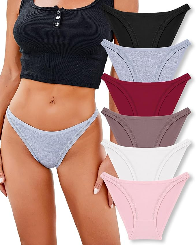 FINETOO 6 Pack String Underwear for Women Cotton High Cut Stretch Breathable Low Rise Hipster Che... | Amazon (US)