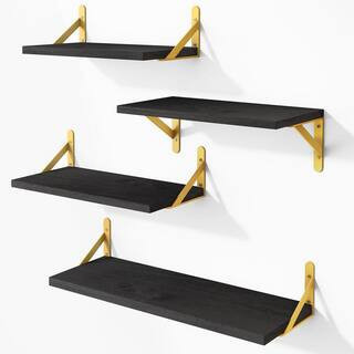 16.5 in. W x 6. 1 in. D x 4.3 in. H in Black Gold Bracket Assembled Floating Shelf Wall Mounted Wood Shelves Set of 4 | The Home Depot