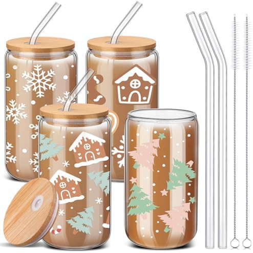 4 Pcs Christmas Glass Cups with Lid and Straw 16 oz Christmas Drinking Glasses Christmas Iced Cof... | Amazon (US)