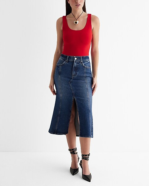 Super High Waisted Flare Hem Front Slit Midi Denim Skirt | Express