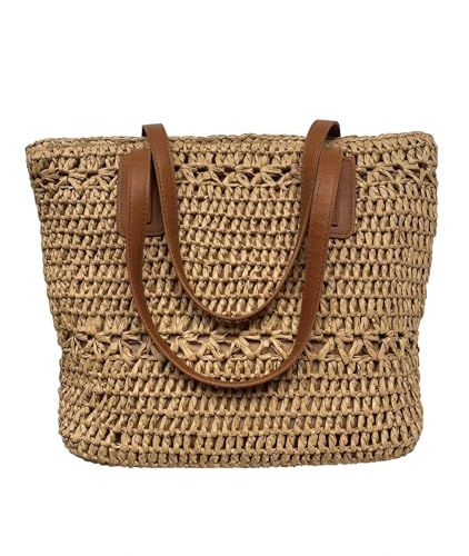 CerfoParlen Straw Bag for Women Beach Bags Tote Handmade Soft Shoulder Handbag with Azipper | Amazon (US)