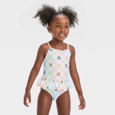 Toddler Girls' Bluey Peplum Checkered One Piece Swimsuit - Off-White | Target