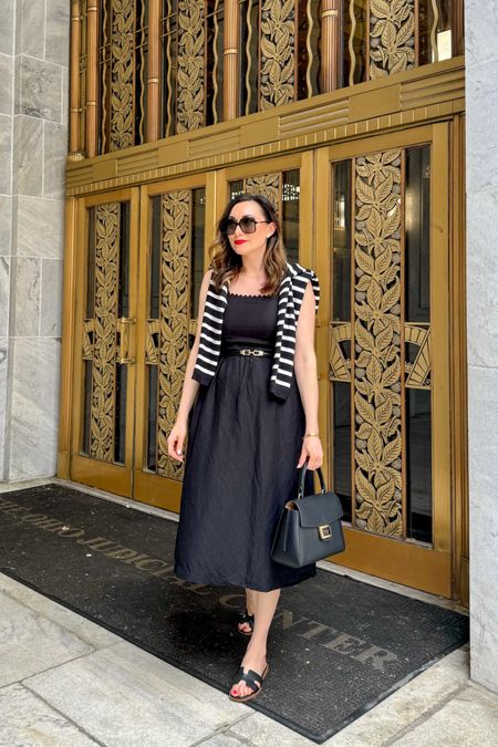 Parisian chic summer outfit 🖤🤍

Striped cardigan size small, TTS
Black midi dress (linked similar)
Black slide sandals size 7 (slightly big if you have narrow feet)

Chic outfit 
Weekend style 

#LTKSeasonal #LTKItBag #LTKStyleTip