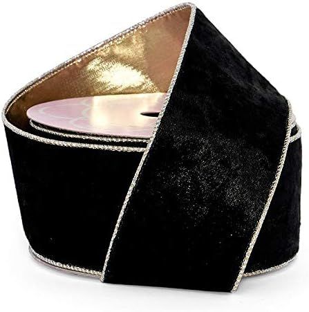 Soft Velvet with Metallic Backing Wired Ribbon - 2-1/2" X 10Yd- Black/Gold | Amazon (US)