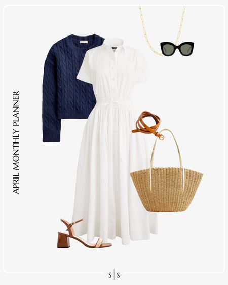 Monthly outfit planner: APRIL: Spring looks | white dress, cable knit sweater, straw tote, sandals, skinny belt

See the entire calendar on thesarahstories.com ✨ 

#LTKstyletip