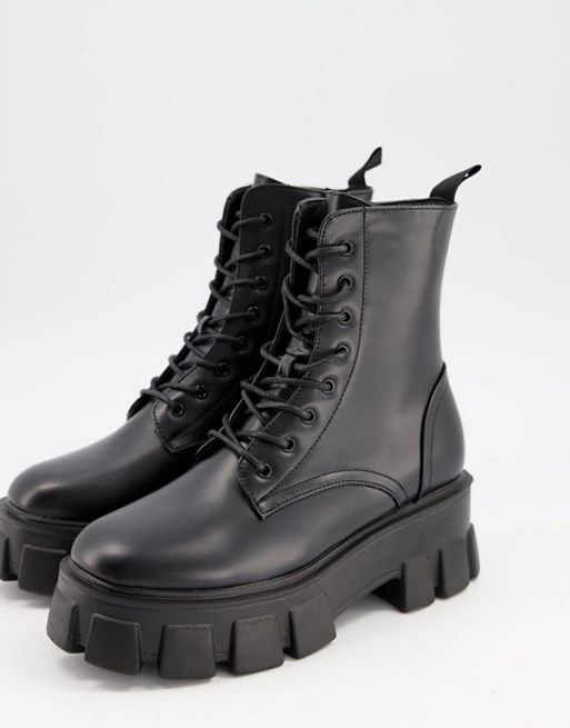 Truffle Collection chunky lace up boots in black with exaggerated sole | ASOS (Global)