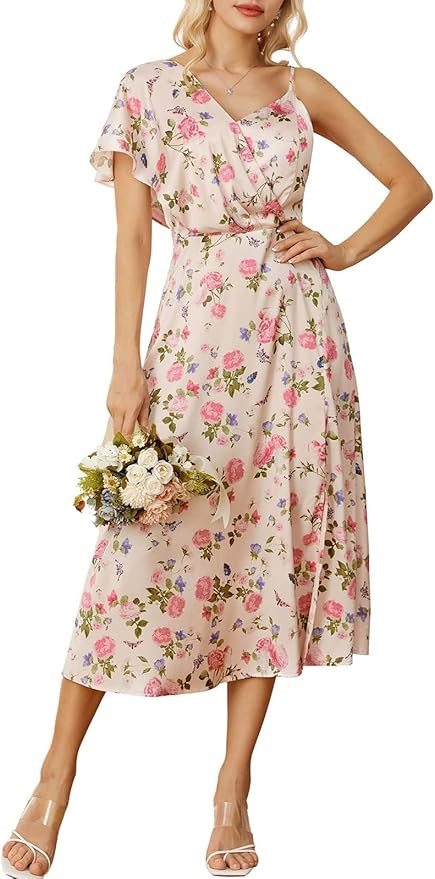 GRACE KARIN 2023 Spring Satin Floral Dress for Women Wedding Guest Wrap V Neck Asymmetric Sleeve ... | Amazon (US)