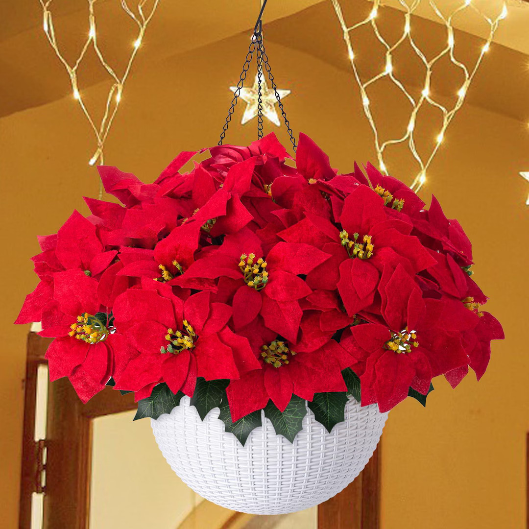Artificial Christmas Poinsettia Flowers Plants Hanging Basket, Fake Faux Red Flower Look Real for... | Etsy (US)