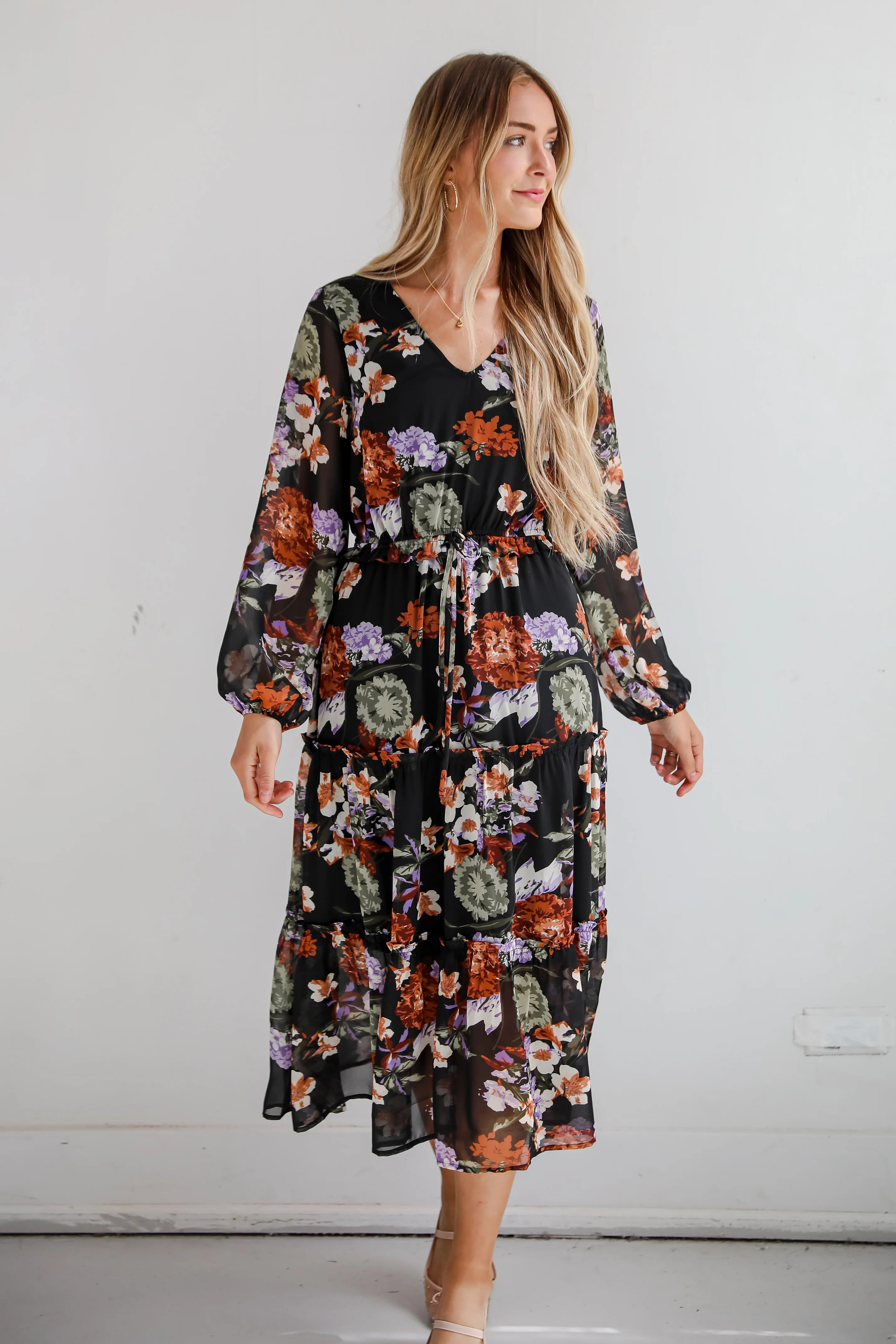 Cute Black Floral Midi Dress | Floral Dresses | ShopDressUp | Dress Up