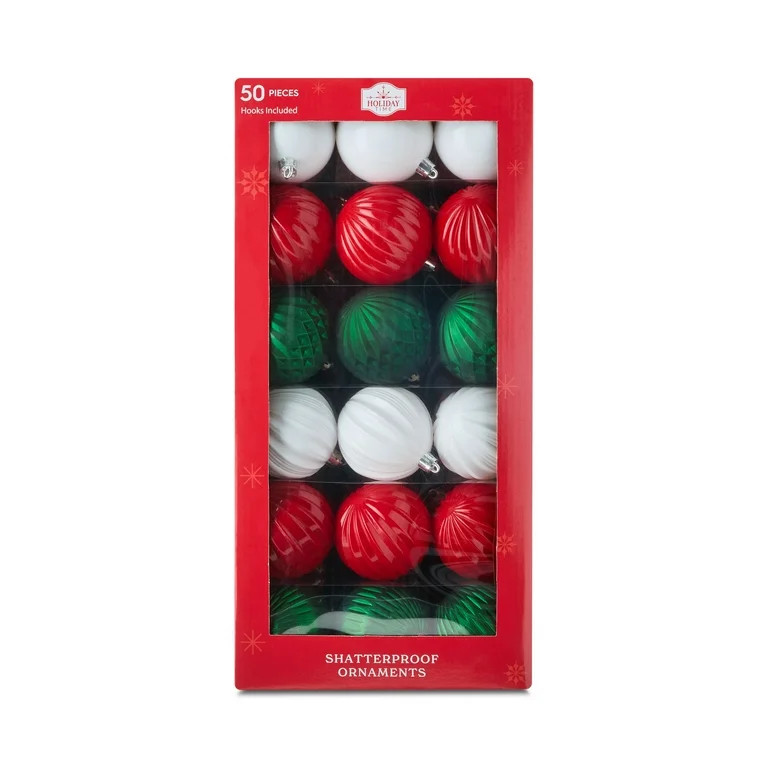 50-Count Red/Green/White Shatterproof Ball Christmas Ornaments, 2 in, by Holiday Time | Walmart (US)