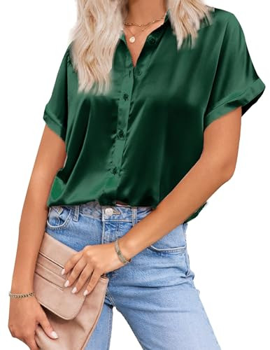 HOTOUCH Womens Silk Button Up Satin Blouses Dressy Plus Size Drop Shoulder Button Down Shirt Dark Green, XX-Large, Short Sleeve | Amazon (US)