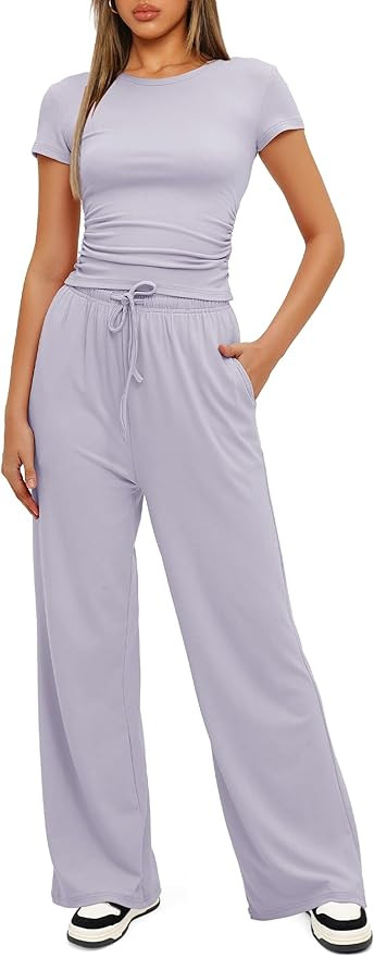 Darong Women's 2 Piece Outfits Lounge Sets Ruched Short Sleeve Tops and High Waisted Wide Leg Pan... | Amazon (US)