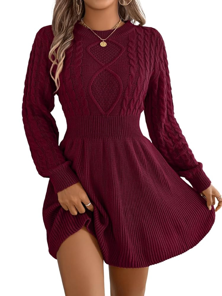 Women's Short Sweater Dress, Cinched Waist Long Sleeve Crewneck Cable Knit Dresses, Fall Winter C... | Amazon (US)
