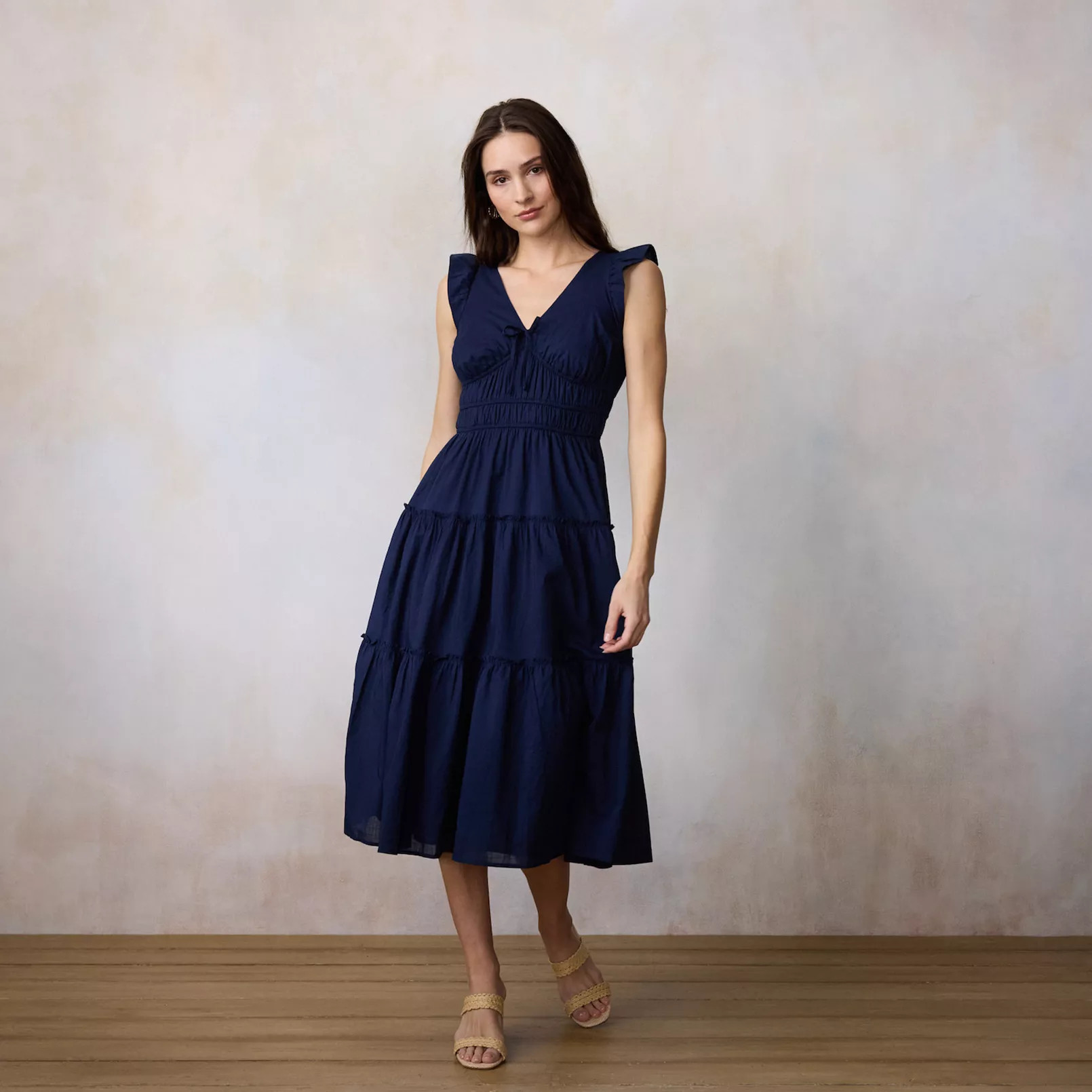 Women's LC Lauren Conrad Shirred Bodice Ruffle Sleeve Midi Dress | Kohl's