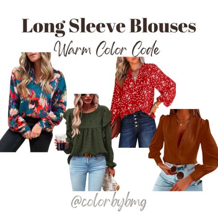Warm Color Code long sleeved blouses 

Colors in order from left to right 
Green
Army Green
Racing Red
A-coffee

Warm Autumn or Warm Spring 

#LTKfindsunder50 #LTKSeasonal #LTKstyletip