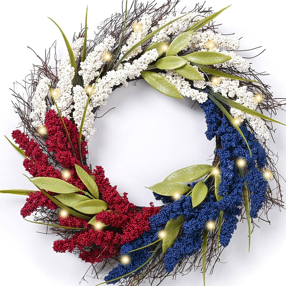 DecorbyHannah 20 Inch Patriotic Wreath, 4th of July Wreath for Front Door with Lights, Summer Red... | Amazon (US)