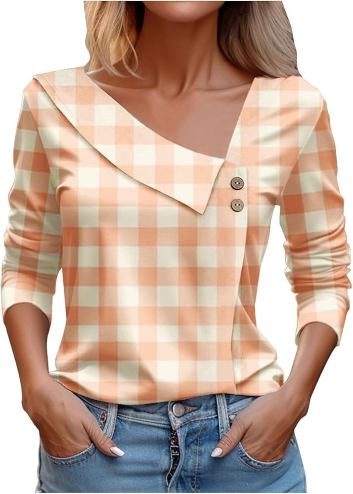 Women Tops Spring 2024 Long Sleeve V Neck Loose Shirts Plaid Print Asymmetric Button Blouses Busi... | Amazon (US)