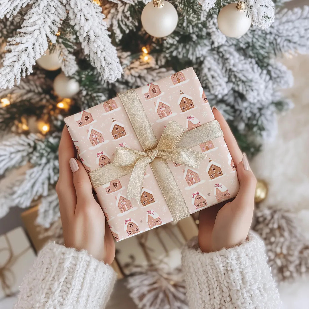 Gingerbread House Christmas Wrapping Paper With Snowflakes and Pink Bows Holiday Gift Wrap - Etsy | Etsy (US)
