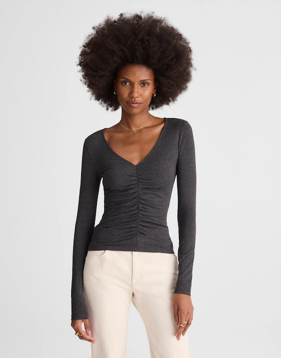 Shirred V-Neck Long-Sleeve Top | Madewell