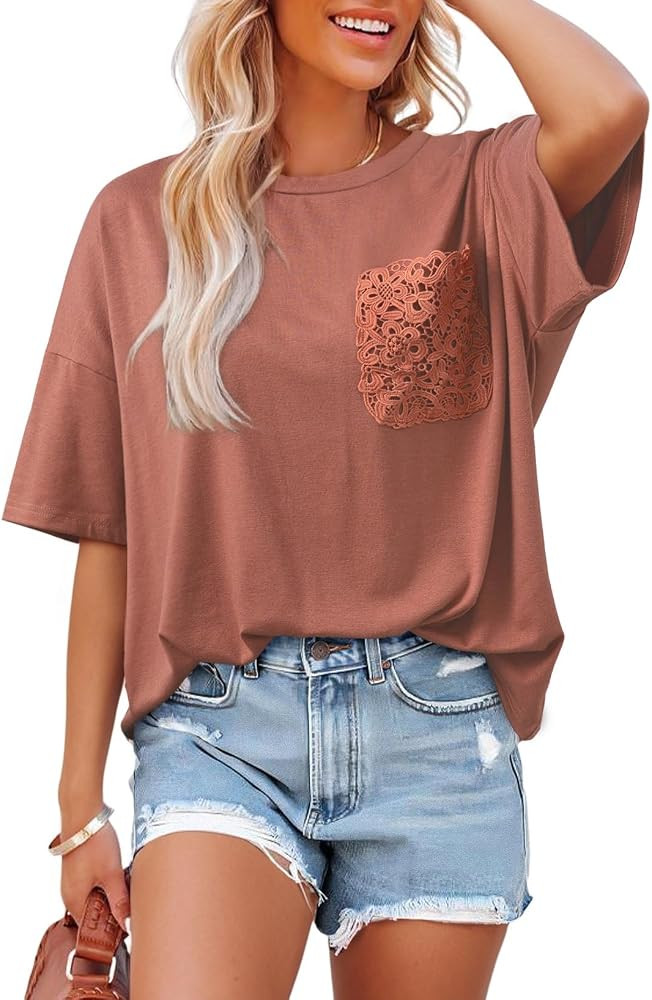 Dokotoo Womens Tops Cute Lace Summer Short Sleeve 2026 Oversized Casual T Shirts Lace Pockets | Amazon (US)