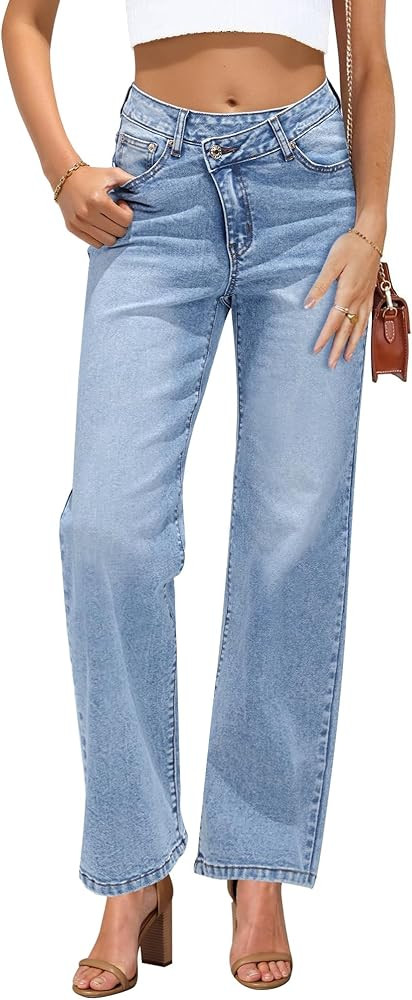 GRAPENT Baggy Jeans for Women High Waisted Straight Leg Crossover Trendy Stretch Denim Pants Slou... | Amazon (US)