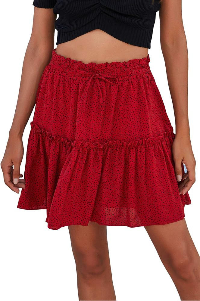 Alelly Women's Summer Cute High Waist Ruffle Skirt Floral Print Swing Beach Mini Skirt | Amazon (US)