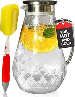 Glass Water Pitcher with Diamond Pattern and TIGHT Lid 72 ounces, THICKER Heat Resistant Borosili... | Amazon (US)