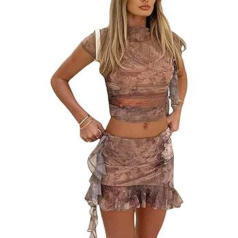 Women Two Piece Outfit Cami Top Skirt Set Sleeveless Bodycon 2 Piece Tube Top Mini Skirt Y2k Matc... | Amazon (US)
