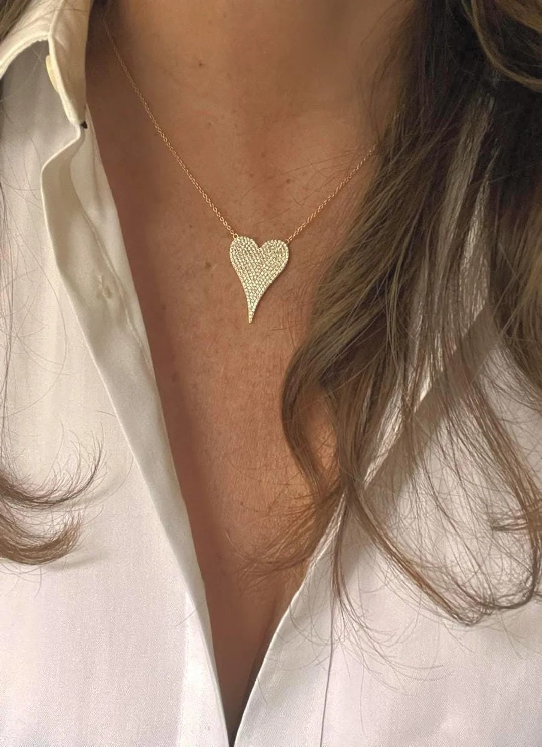 Pave Diamond Heart Necklace - Elongated Heart Necklace > 14k Gold -diamond Heart - Silver 16-18 I... | Etsy (US)