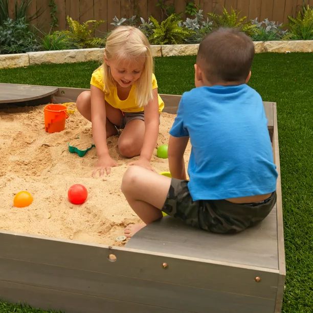KidKraft Wooden Backyard Sandbox with Built-in Corner Seating and Mesh Cover, Gray | Walmart (US)