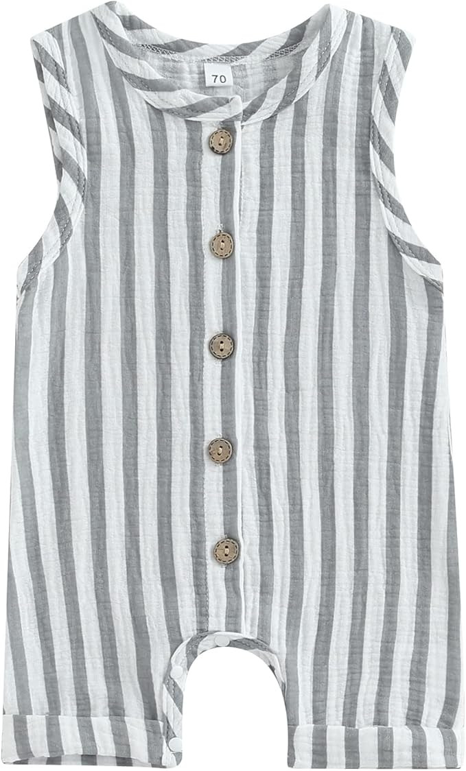 Infant Baby Boys Girls Cotton Linen Jumpsuits Sleeveless Button Down Striped Short Overalls Rompe... | Amazon (US)