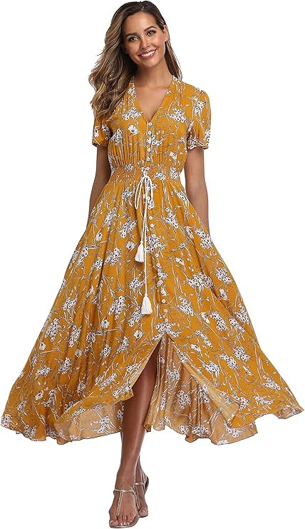 VintageClothing Women's Floral Print Maxi Dresses Boho Button Up Split Beach Party Dress | Amazon (US)
