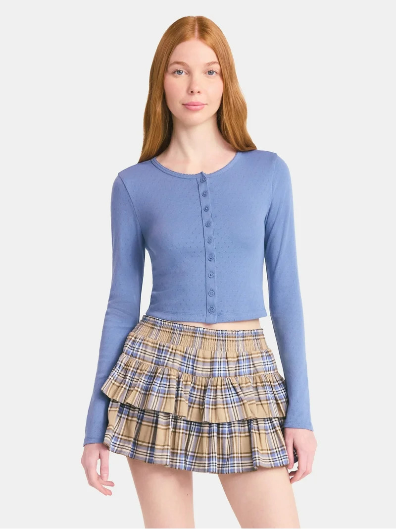 No Boundaries Button-Front Pointelle Cardigan with Long Sleeves, Women's | Walmart (US)