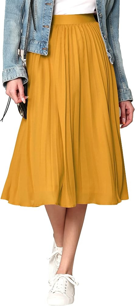 Made By Johnny Women's High Elastic Waist Pleated Mid A-Line Swing Skirt | Amazon (US)
