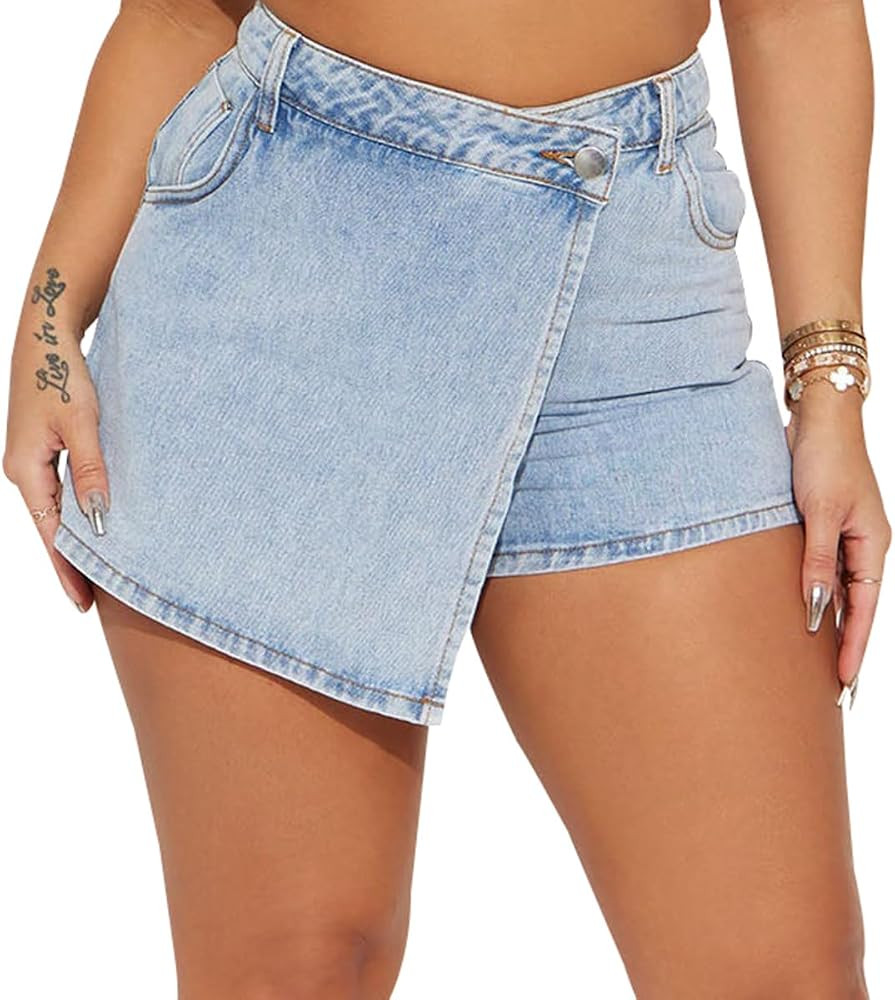JTNFairy Women's Mid Rise Asymmetrical Hem Denim Skorts Wrap Button Front Stretchy Casual Jean Sk... | Amazon (US)