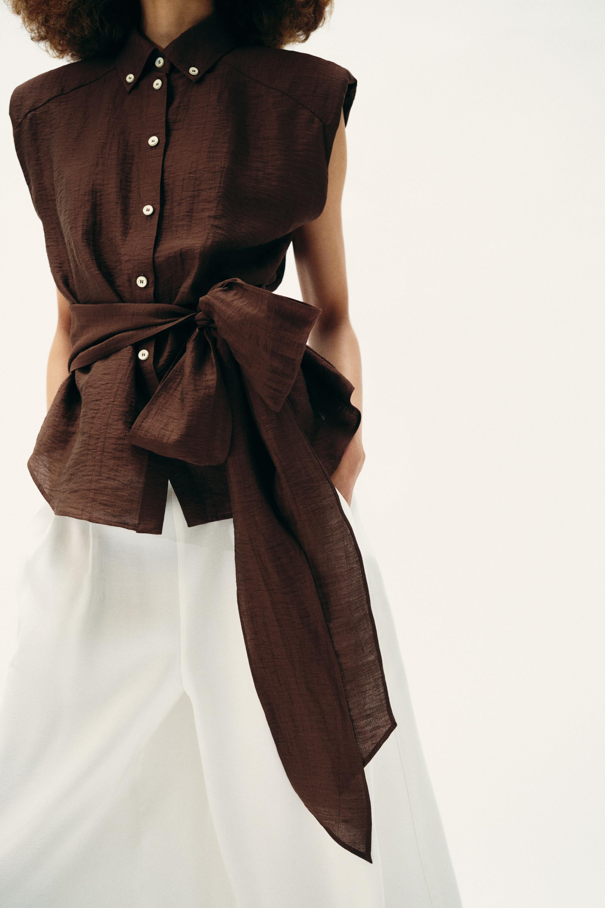 LINEN BELTED SHOULDER PAD TOP | Zara US