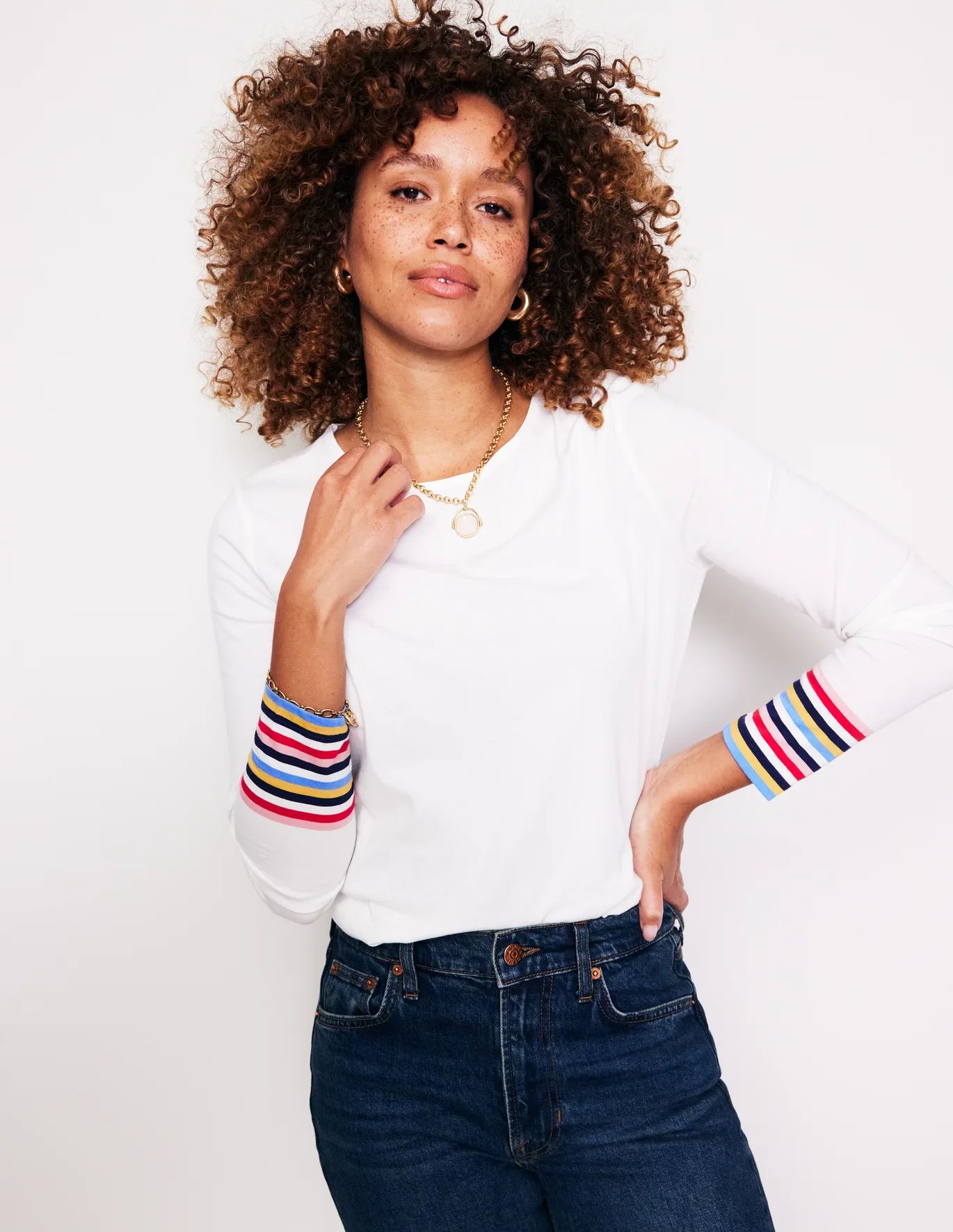 Supersoft Crew Neck Top - French Navy Multi Cuff Stripe | Boden US | Boden (US)