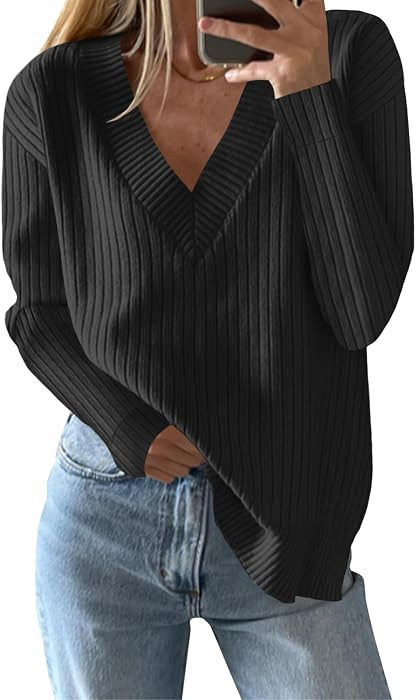 Saodimallsu Womens V Neck Sweater 2026 Trendy Fall Oversized Pullover Top | Amazon (US)