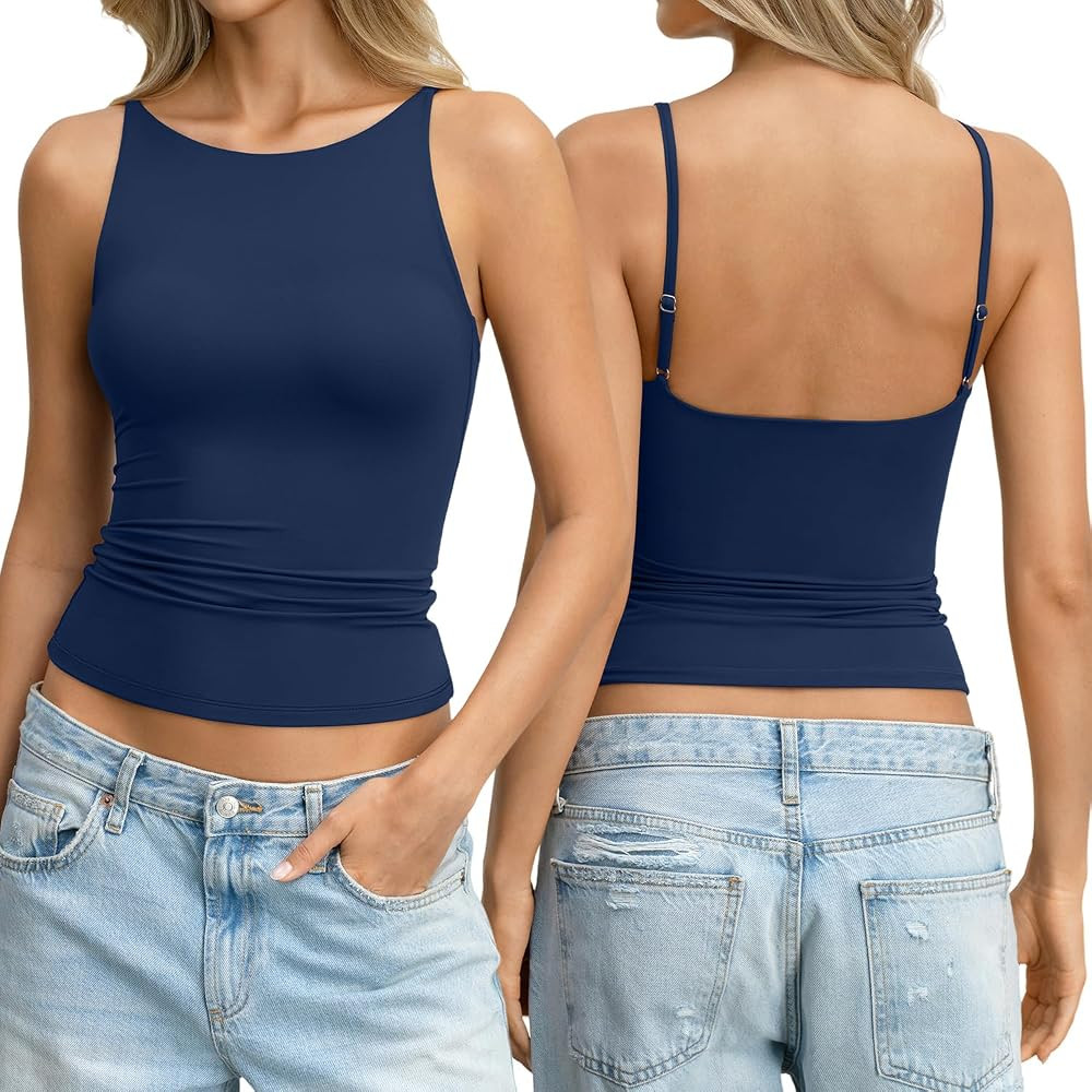 EasyGala Womens Double Lined Boat Neck Tank Top Spaghetti Strap Backless Camisole Fitted Shirt Y2... | Amazon (US)