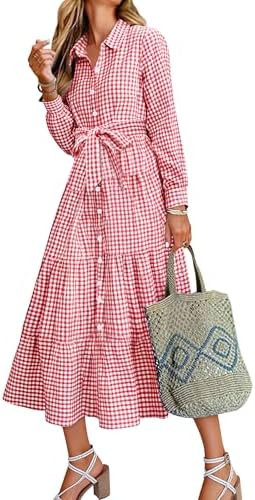 Caracilia Women Long Sleeve Maxi Dress 2026 Spring Casual Button Down Striped Plaid Tie Waist Shi... | Amazon (US)