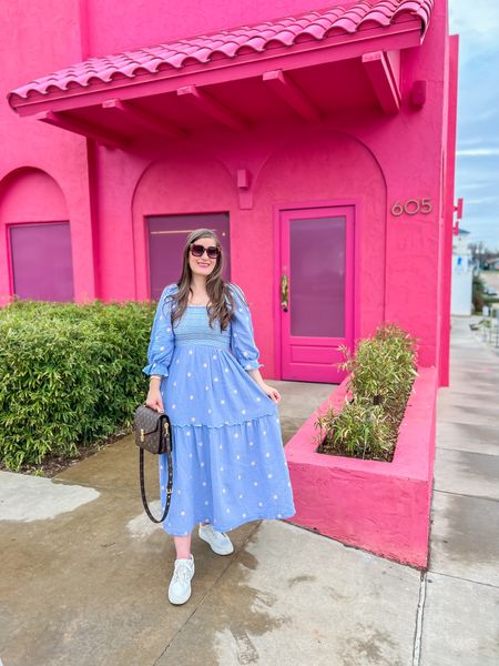 Date night look from this weekend! We had so much fun exploring our city. How cute is this pink building? @flamingotiki is definitely a new favorite spot. 
My dress runs true to size. It’s perfect to transition into spring. I also have it in a berry color. It looks like Free People for less. 

#LTKstyletip #LTKfindsunder50