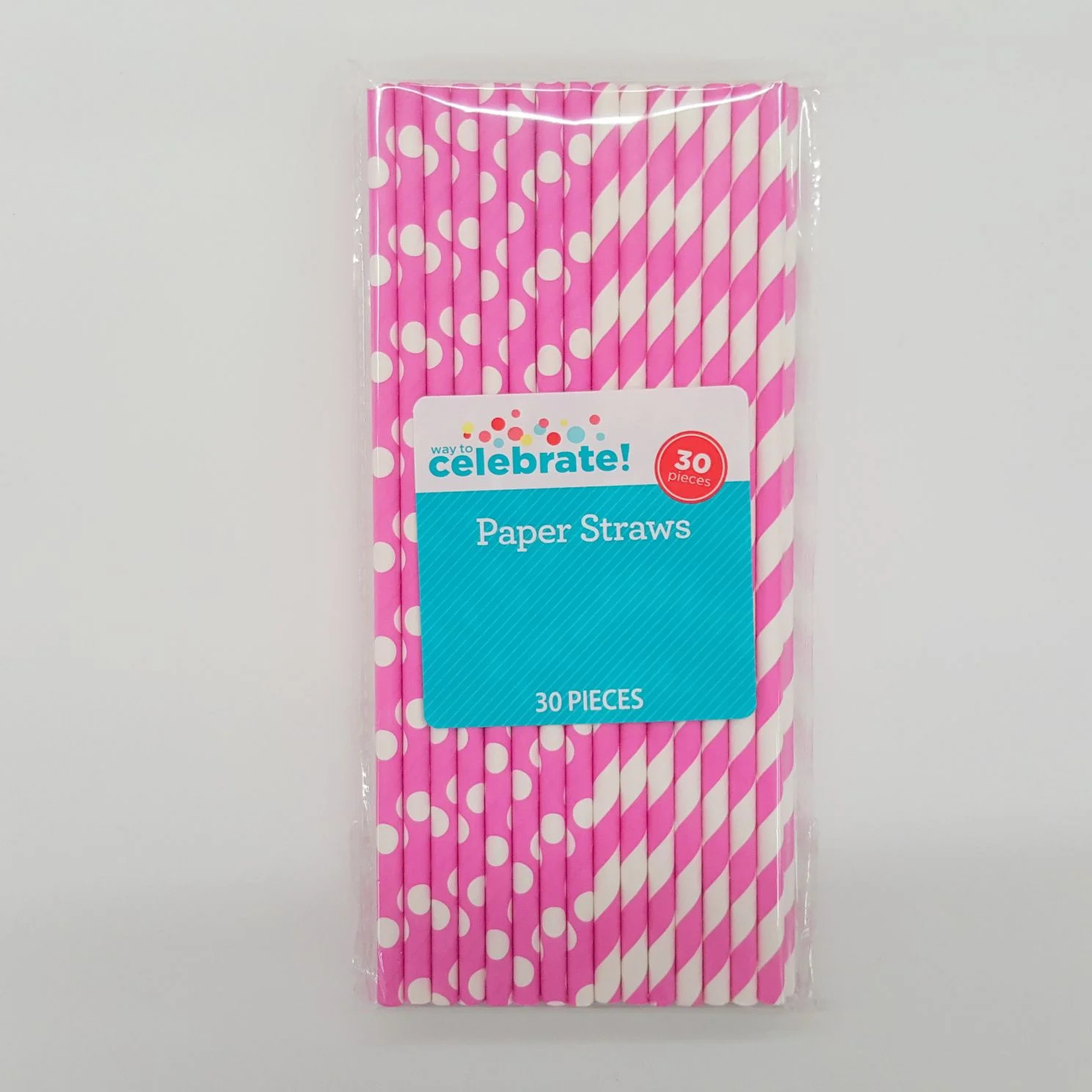 Way to Celebrate! Neon Pink Polka Dot & Striped Paper Straws, 30ct | Walmart (US)